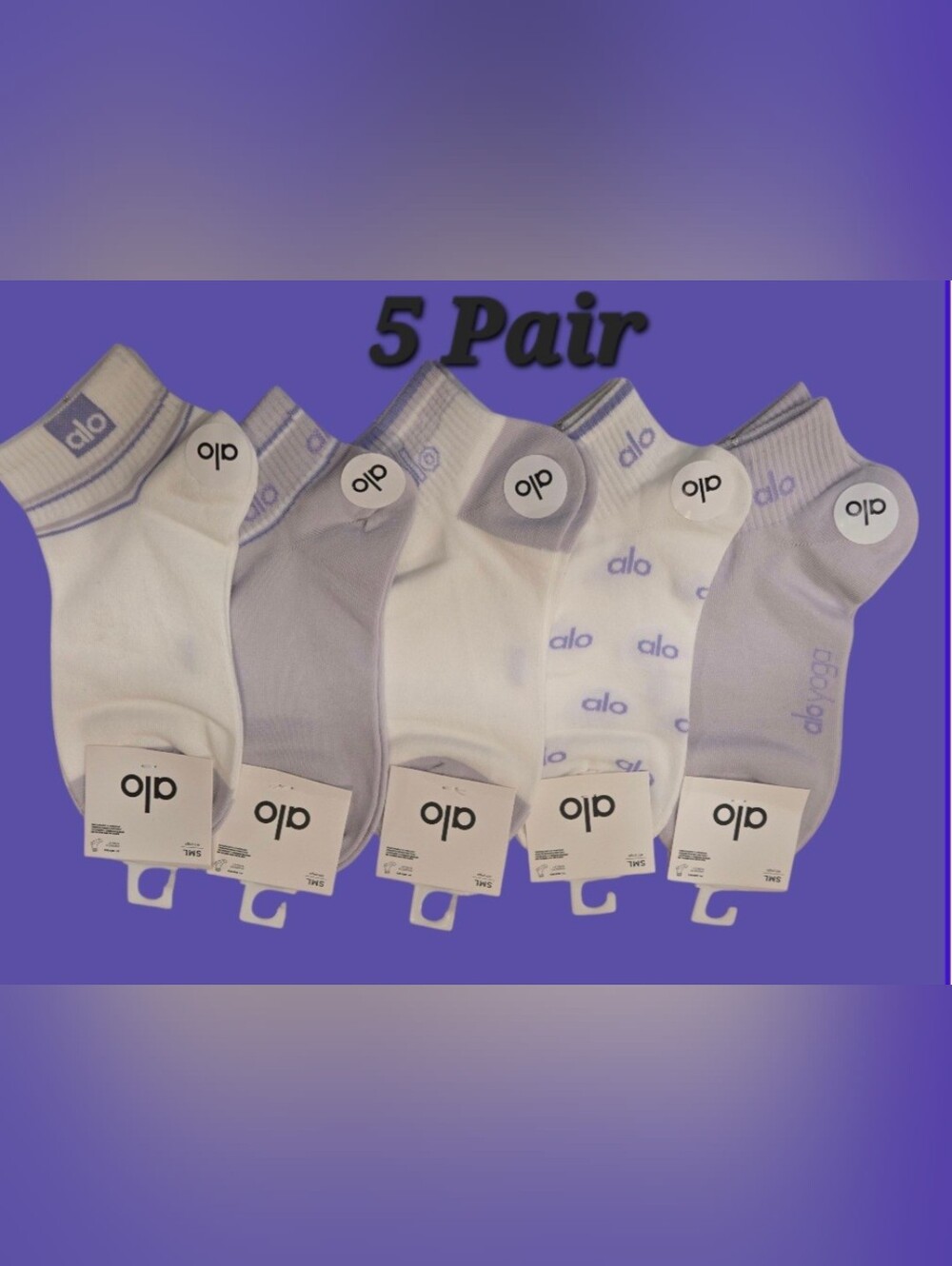 Alo Womens Logo Ankle Socks Small BNWT 5 Pair Purple & White 3/4 Crew